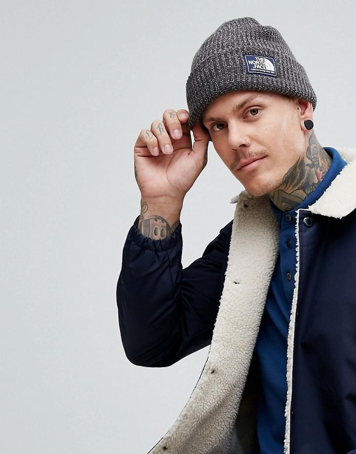The North Face Rib Beanie Badge Logo In Graphite Gray - Gray