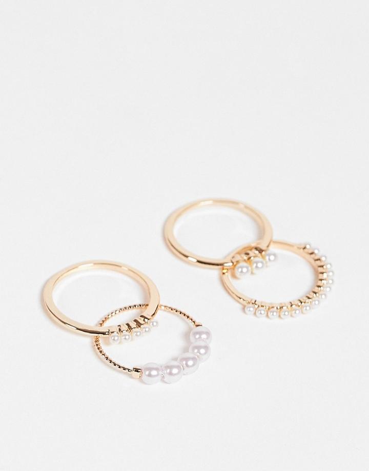 Asos Design Pack Of 4 Rings In Pearl Design In Gold Tone