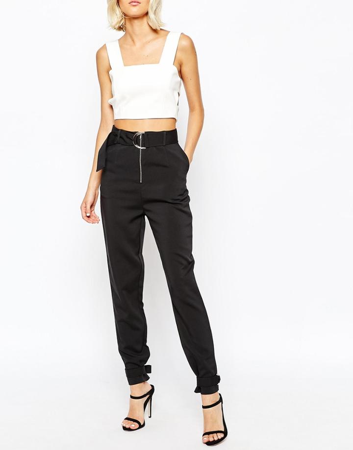 Lavish Alice Tapered Leg Pants With D-ring Belt & Cuff - Black