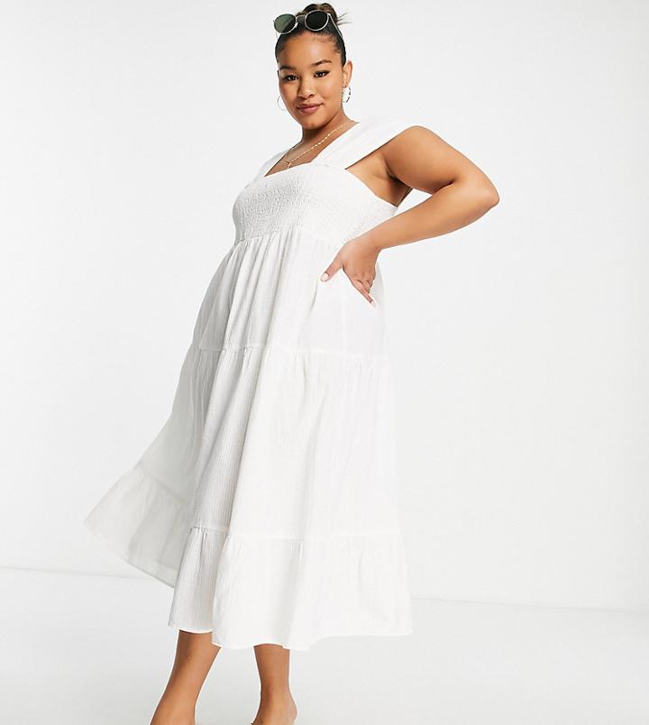 Vero Moda Curve Shirred Midi Dress In White