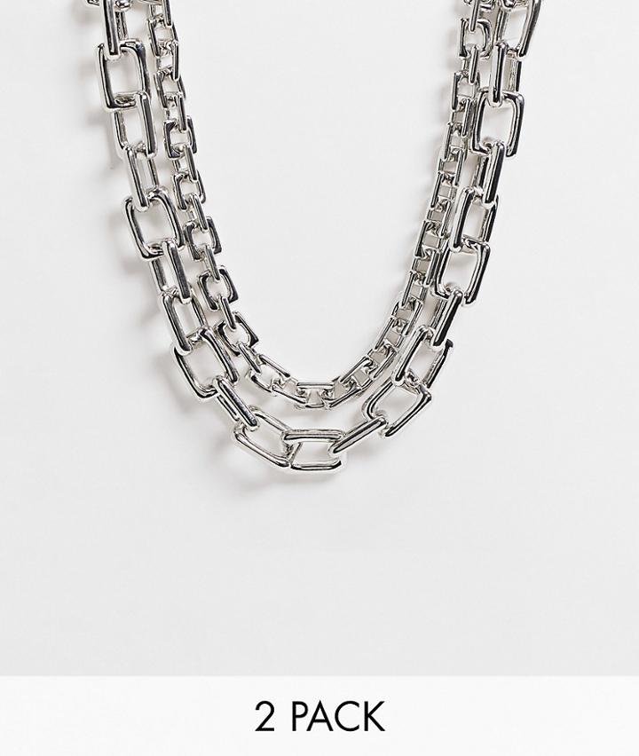 Asos Design 2-pack Necklaces In Square Link Chain In Silver Tone