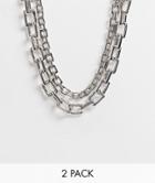 Asos Design 2-pack Necklaces In Square Link Chain In Silver Tone