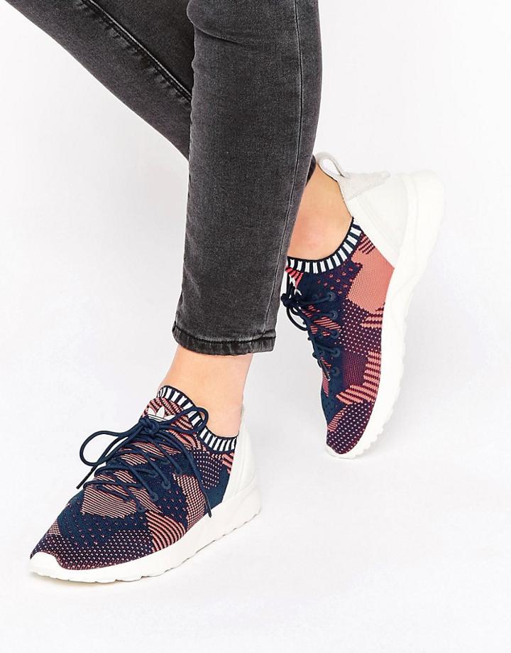 Adidas Originals Pink Print Primeknit Zx Flux Sneakers - Shock Red