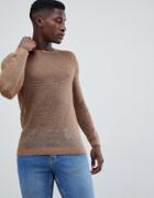 Asos Design Knitted Wool Mix Mesh Sweater In Tan - Tan