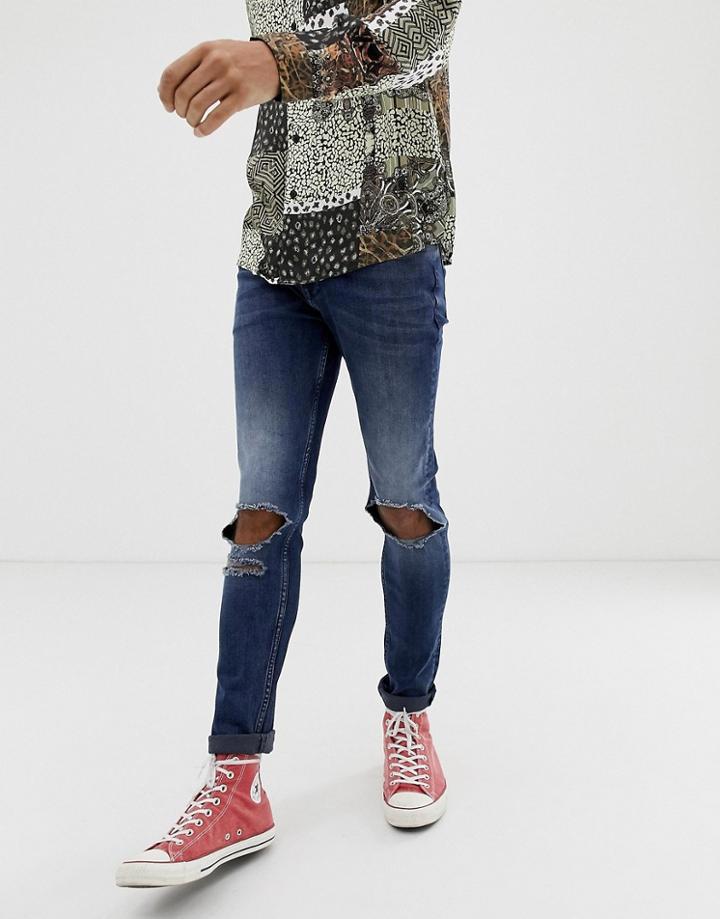 Asos Design Skinny Jeans In Overdyed Blue With Open Rips - Blue