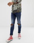 Asos Design Skinny Jeans In Overdyed Blue With Open Rips - Blue