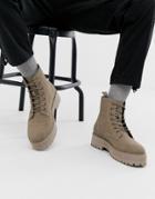 Asos Design Lace Up Boot In Stone Faux Suede With Raised Chunky Sole - Stone