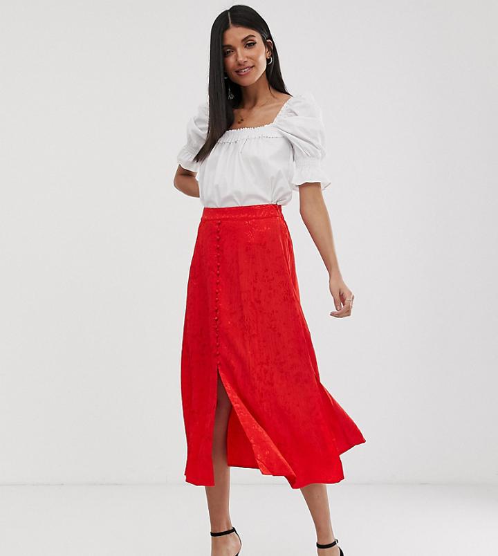 Y.a.s Tall Button Front Jacquard Midi Skirt - Red