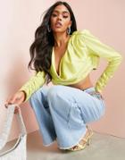 Asos Luxe Satin Exaggerated Shoulder Blouse With Cowl Back In Chartreuse-green