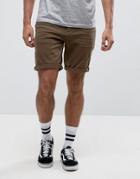 Asos Denim Shorts In Stretch Slim Khaki With Abrasions - Green