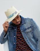 Asos Diamond Crown Pork Pie Straw Hat In Natural With Floral Band Detail - Beige