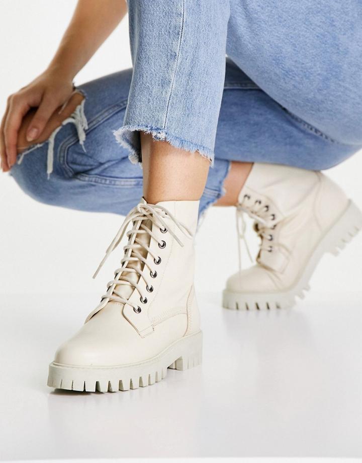 Asra Billie Lace Up Flat Boots With Stich Detail In Beige Leather Drench-white