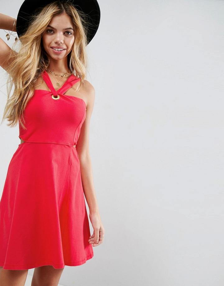 Asos Eyelet Twist Detail Mini Dress With Cut Out Detail - Red