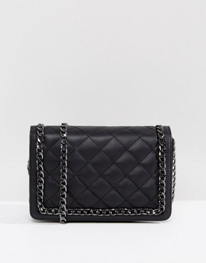 Asos Leather Diamond Quilt Cross Body Bag With Chunky Chain Handle - Black