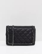 Asos Leather Diamond Quilt Cross Body Bag With Chunky Chain Handle - Black