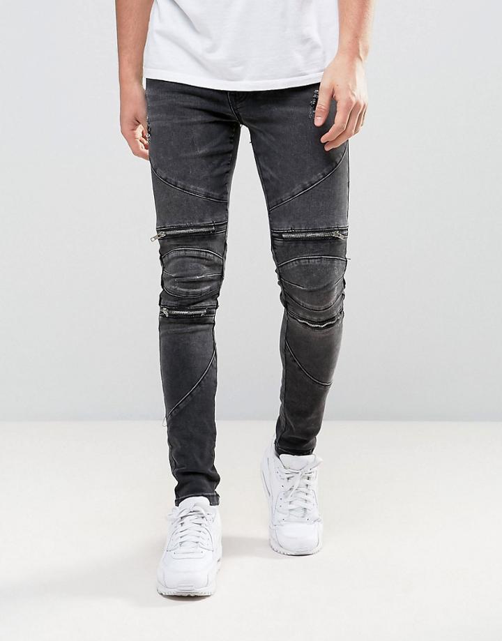 New Look Super Skinny Biker Jeans With Abrasions In Black - Black
