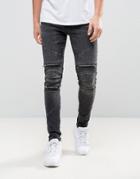 New Look Super Skinny Biker Jeans With Abrasions In Black - Black