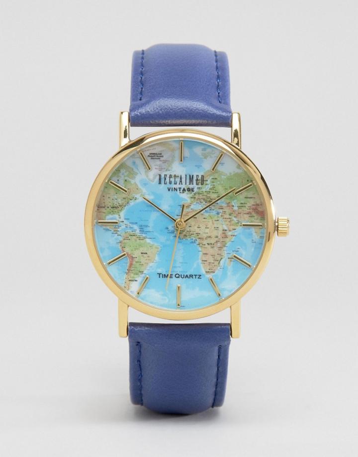 Reclaimed Vintage Blue Map Print Watch - Brown