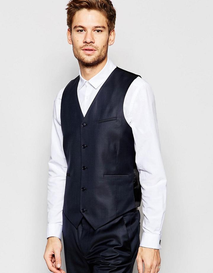 Asos Slim Waistcoat In Navy Wool - Navy