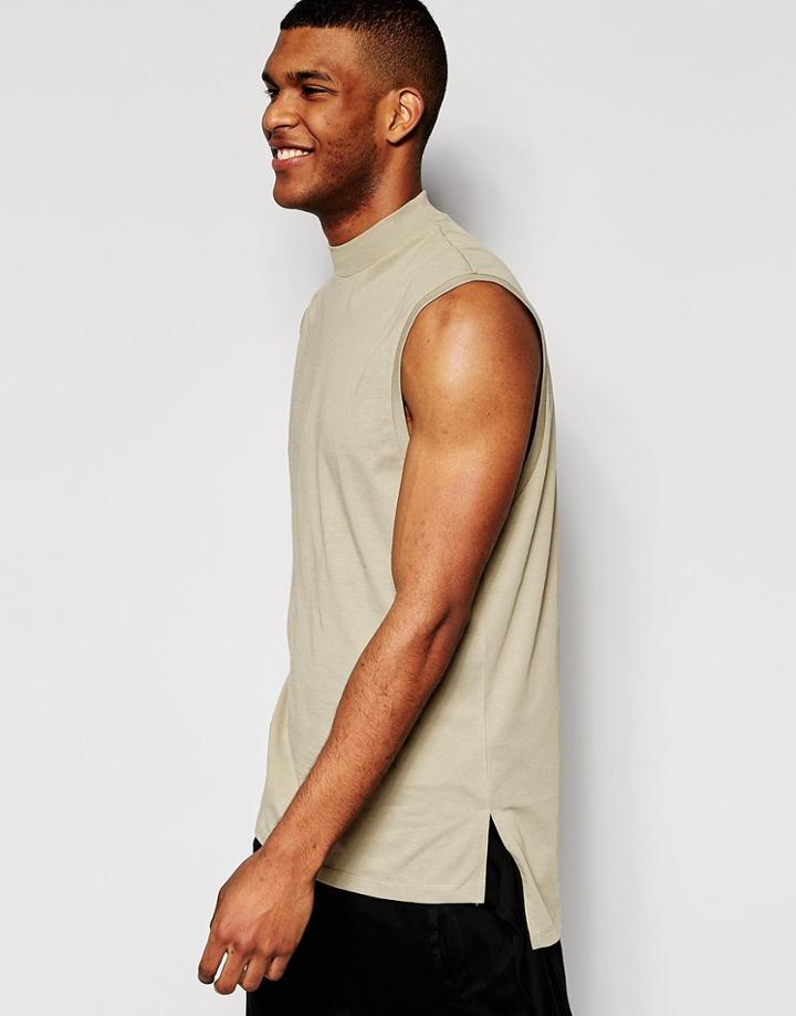 Asos Longline Sleeveless T-shirt With Turtleneck And Stepped Hem In Green - Green