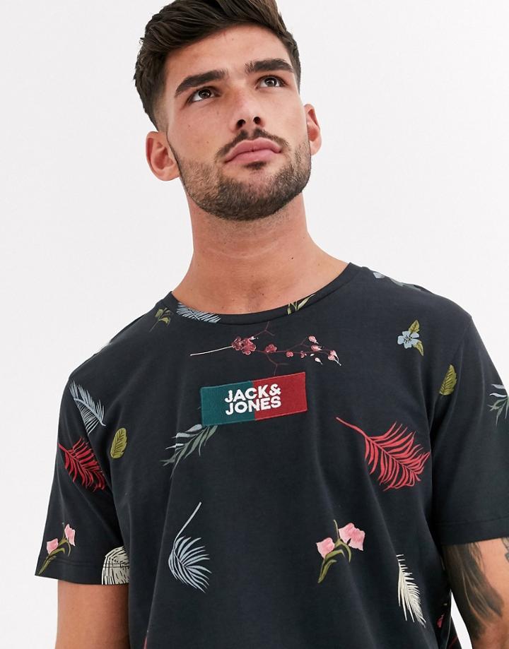 Jack & Jones Originals Floral Chest Logo T-shirt In Black