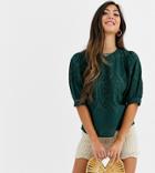 Asos Design Petite Broderie Short Sleeve Top With Volume Sleeves