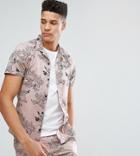 Asos Tall Co-ord Stretch Slim Shirt With Peony Print In Pink - Pink