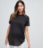 Asos Design Maternity Boxy T-shirt With Curve Hem In Linen Mix In Black - Black