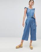 Oasis Wide Leg Ruffle Chambray Jumpsuit - White