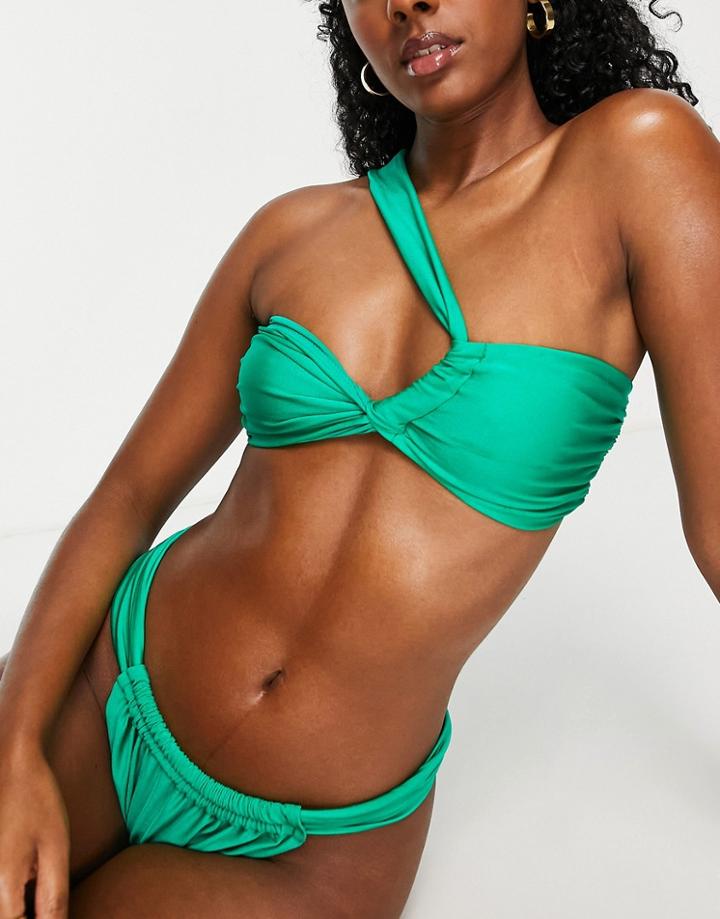 Asos Design Twist One Shoulder Bikini Top In Emerald Green