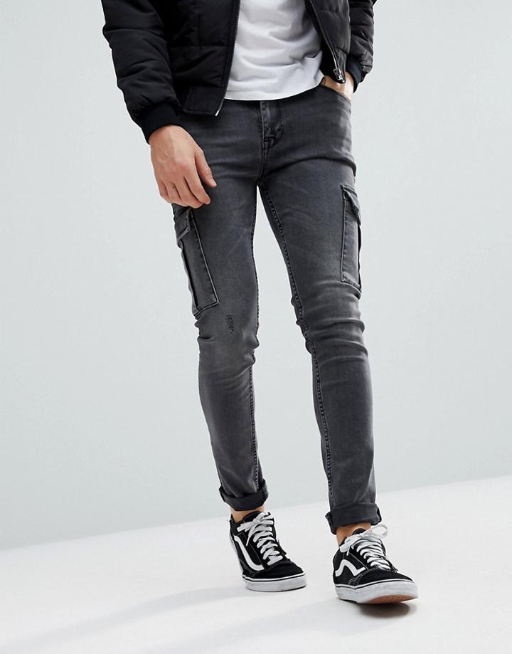 Asos Super Skinny Jeans In Washed Black With Cargo Pockets - Black