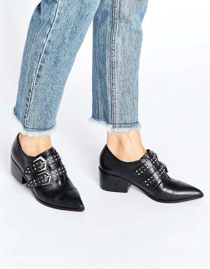 Office Fly By Buckle Strap Leather Point Mid Heeled Shoes - Black