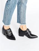 Office Fly By Buckle Strap Leather Point Mid Heeled Shoes - Black