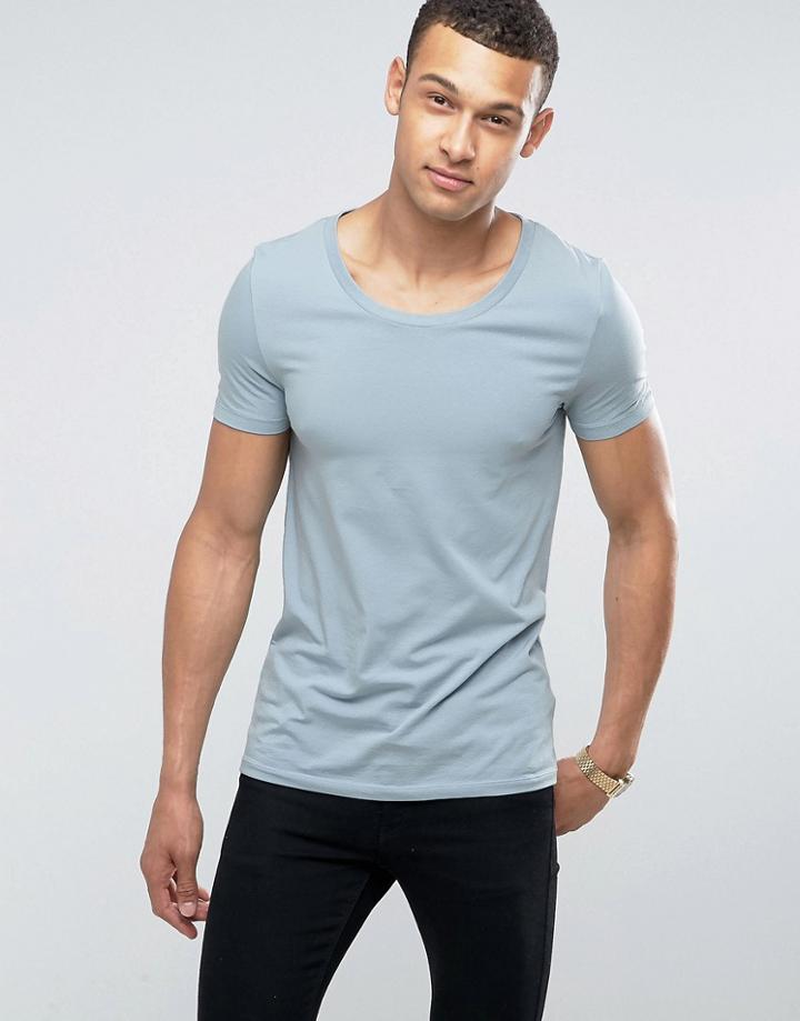 Asos Muscle Fit T-shirt With Scoop Neck And Stretch In Blue - Blue