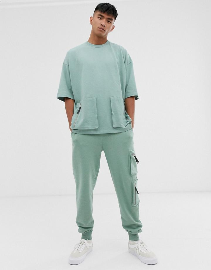 Asos Design Two-piece Oversized T-shirt With Half Sleeve In Heavyweight Jersey With Utility Pockets - Green