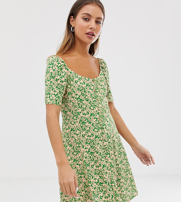 New Look Square Neck Mini Dress In Green Floral Print-red