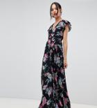 Asos Design Tall Pleated Wrap Maxi Dress Flutter Sleeve In Floral Print - Multi