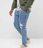 Asos Design Plus Skinny Jeans In Light Wash Blue Vintage With Heavy Rips And Repair - Blue