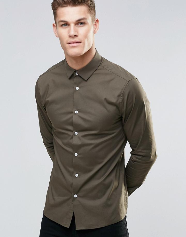 Asos Skinny Shirt In Khaki With Long Sleeves - Khaki