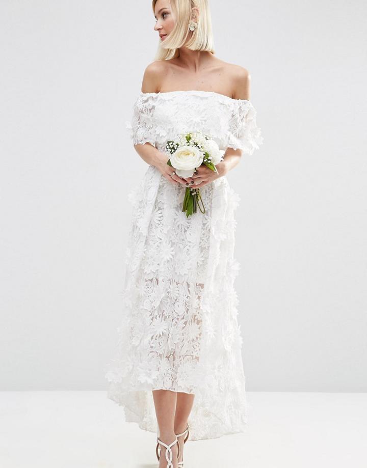 Asos Bridal 3d Floral Dip Back Midi Prom Dress - White