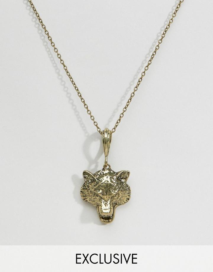 Reclaimed Vintage Wolf Head Pendant Necklace In Gold - Gold