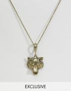 Reclaimed Vintage Wolf Head Pendant Necklace In Gold - Gold