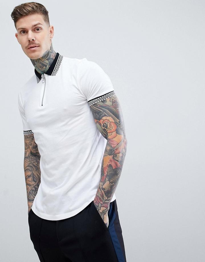 Asos Design Polo With Checkerboard Collar And Zip Neck - White