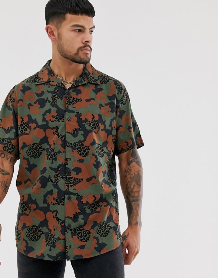 Jack & Jones Camo Patterned Shirt With Short Sleeves-black