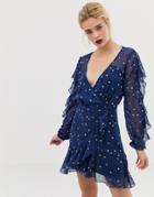 Talulah Dalliance Polka Dot Ruffle Wrap Dress-blue