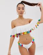 Asos Design Recycled Tassel Side Bikini Bottom In White - White