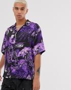 Jaded London Revere Collar Printed Short Sleeve Shirt In Purple - Purple