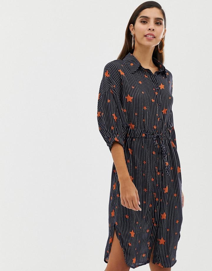 Liquorish Midi Shirt Dress In Pinstripe And Star Print-multi
