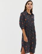 Liquorish Midi Shirt Dress In Pinstripe And Star Print-multi