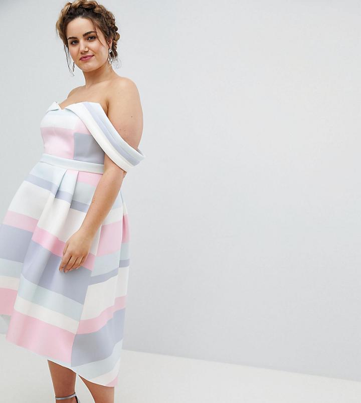 Asos Curve Bardot Cold Shoulder Dip Back Pastel Stripe Prom Dress - Multi
